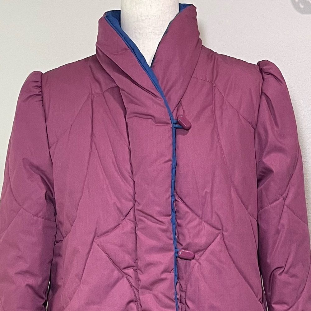 RARE Vtg 70s 80s Quilted Puffer Coat Saxton Hall Mauve/Blue Full Length Medium - Picture 3 of 16